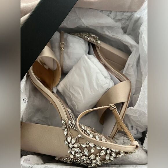 Badgley Mischka Ainsley Crystal Embellished Ankle Strap Sandal, Latte Satin, 9.5 - Picture 5 of 11